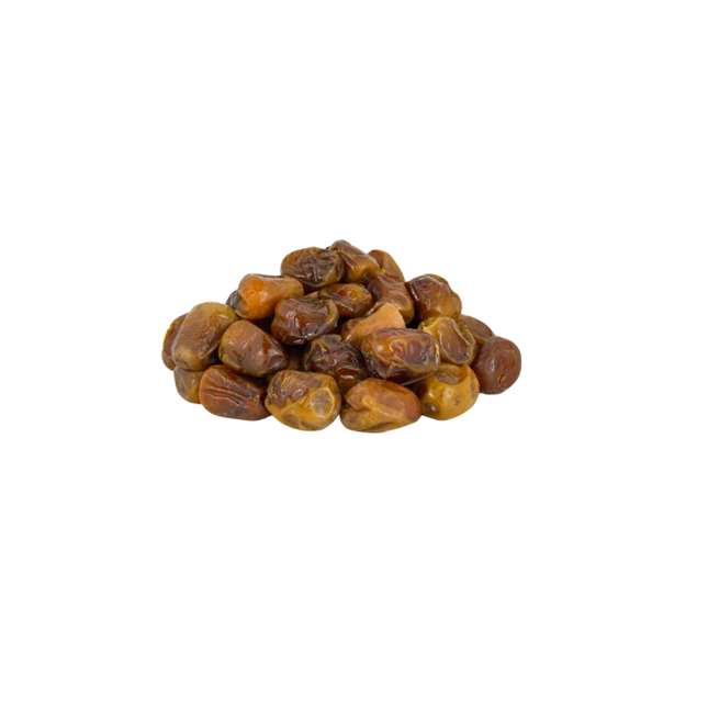 Pile of dried sukkari dates on a white background