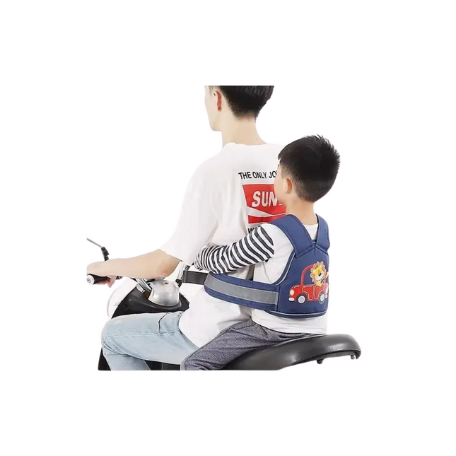 Child wearing a safety vest with cartoon design in two wheeler