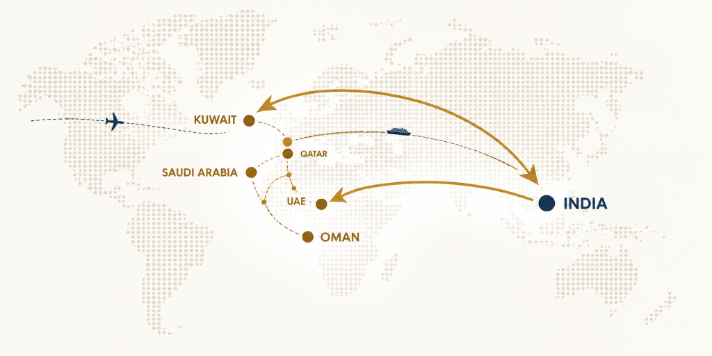 GCC to India Routes - Kuwait, Saudi Arabia, Qatar, UAE, Oman to India